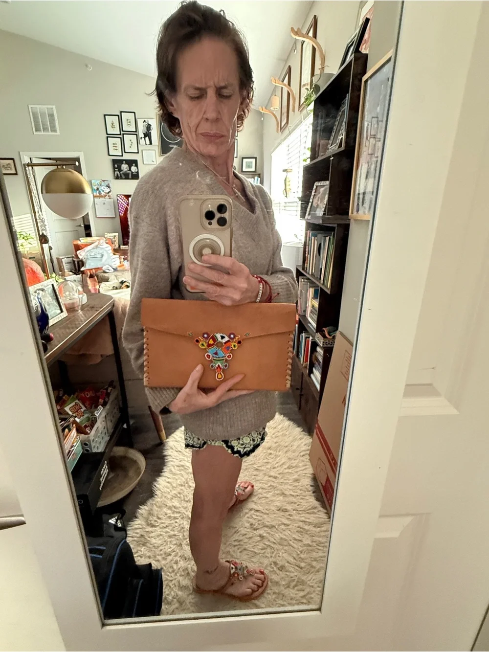 Handmade Tan Leather Clutch with Colorful Beaded Accent